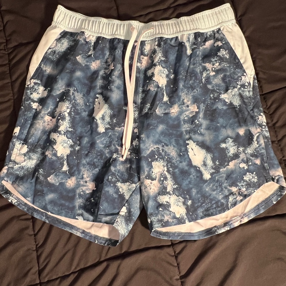 Reebok Blue and White Swim Trunks with Modern Pattern NWOT